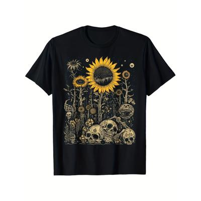 Gothic Sunflower and Skulls Graphic Tee Mens Black Cotton Crew Neck TShirt Macabre Art Casual Print - Men's Summer Cotton Gra...