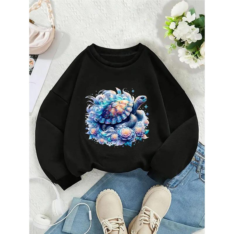 Kids Unisex Crewneck Sweatshirt, Magical Iridescent Sea Turtle With Blue Waves Peony Flowers And Stars Fantasy Soft Pullover For Kids Over 4 Years Old