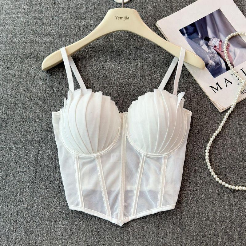 European American Summer New Mesh Folding Sexy Fishbone Camisole Women's Clothing Base Ride Outer Wear Short Tops