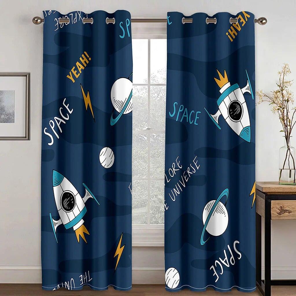 Kids Space Curtains Galaxy Rocket Astronaut Starry Art Printed for Boys Bedroom Playroom Nursery Decor