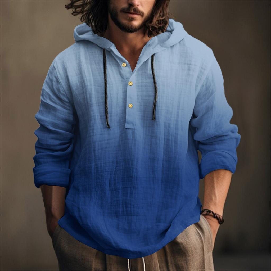 Bedrucktes Herren Baumwoll- und Leinenhemd mit Kapuze Langärmlig Kapuzenpullover Frühling und Sommer Freizeitliche Alltagskleidung