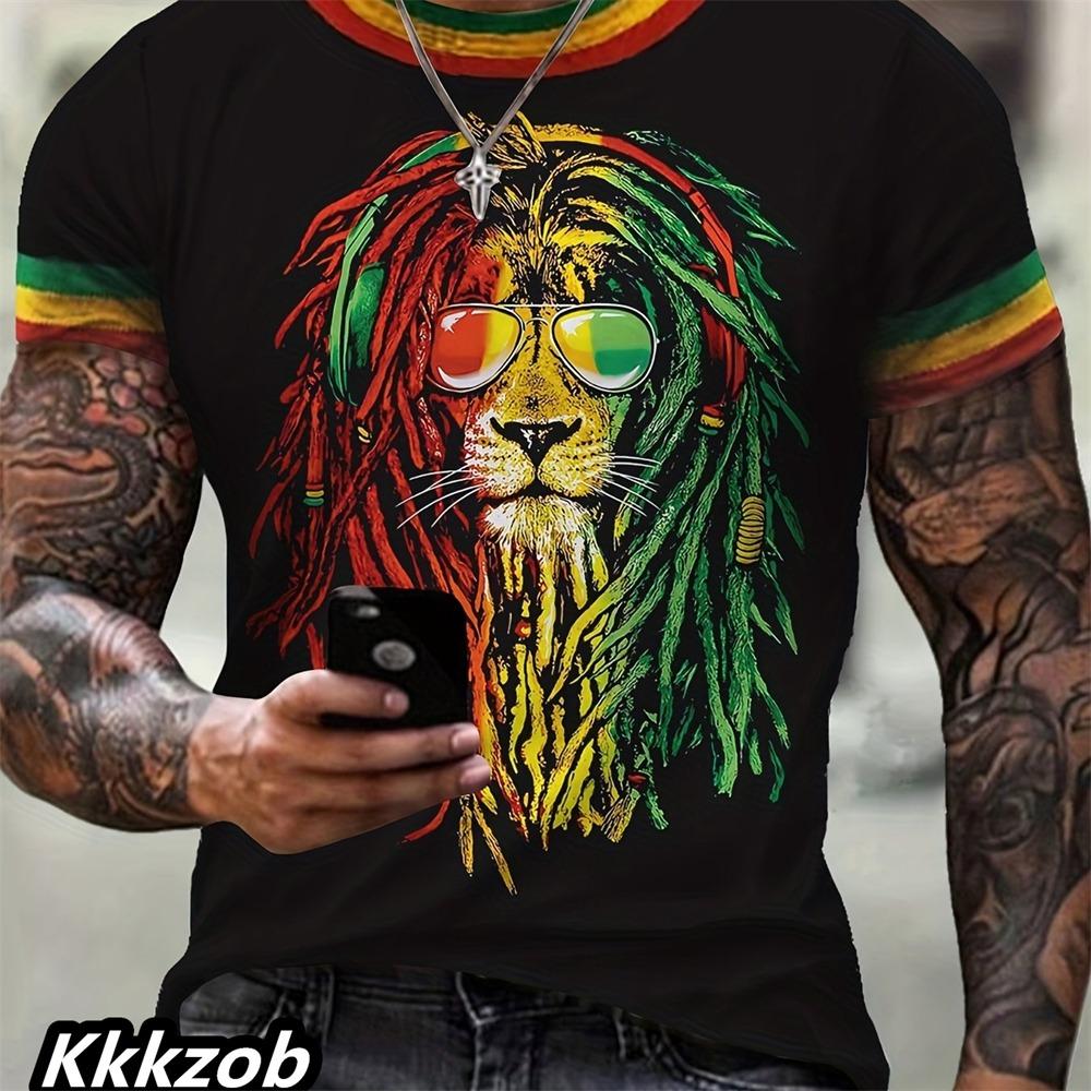 Men's Lion Print Short-sleeve Round Neck T-shirt, Lightweight and Breathable, Trendy and Cool for Casual Outdoor Activities.