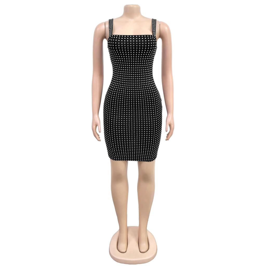 C7197 Women's Sexy Spaghetti Strap Bodycon Mini Dress with Hot Drill Details