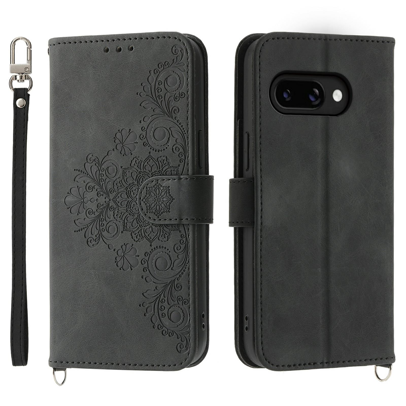 

For Google Pixel 9a Case Flower Pattern PU Leather Wallet Phone Cover with Strap Black