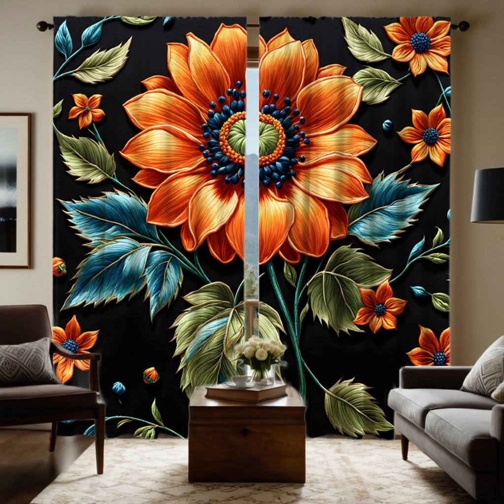 2pcs HD Black Gorgeous Sunflower Curtain Black Digital Printed Curtain Home Decoration Style Decorate Living Room Bedroom Wea
