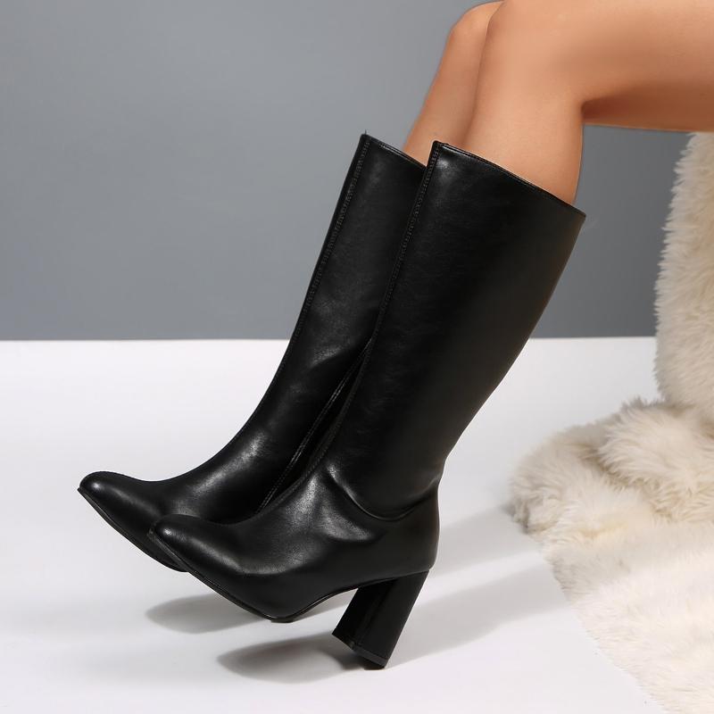 Autumn Winter Pointed Toe Women Knee High Boots Fashion Square High Heels Stripper Party Ladies Long Booties  De Muje