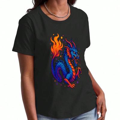 Fantasy Drachen Damen Baumwoll T-Shirt, Premium Baumwollqualität Grafikdruck, Strapazierfähig und Langlebig, Freizeitmode. Entfessle dein inneres Feuer mit Thi