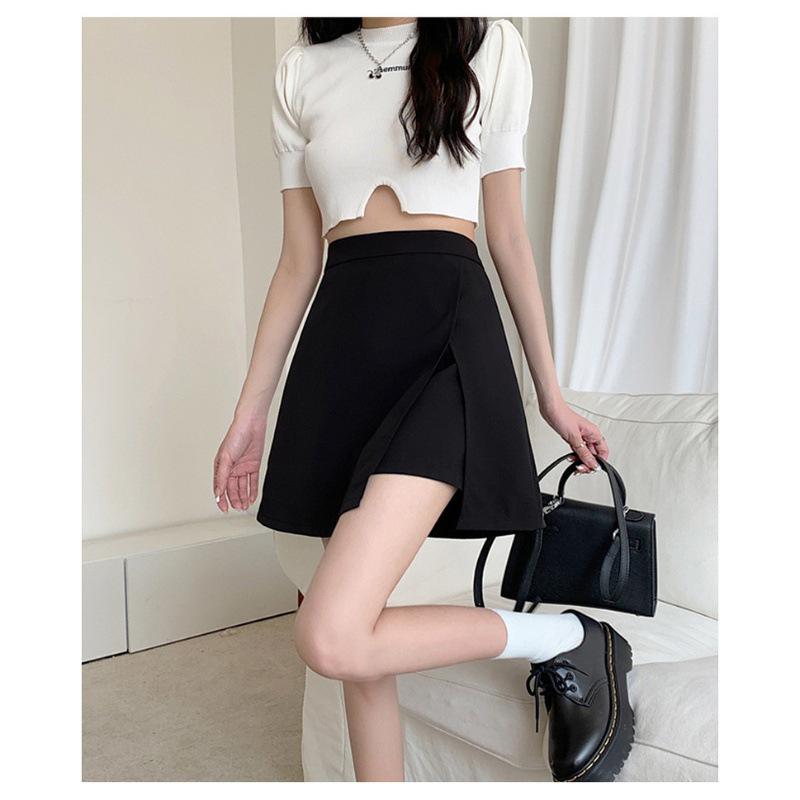 Damen Sommer 2024 A-Linien Rock mit hoher Taille Schwarz: Schlank machender, hüftumspielender kurzer Rock für zierliche Größen
