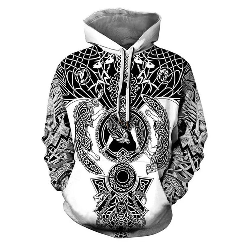 Vintage Sweatshirt Men 3D Print Viking Mythology Hooded Long Sleeve Oversized Hip Hop Hoodies kids coat