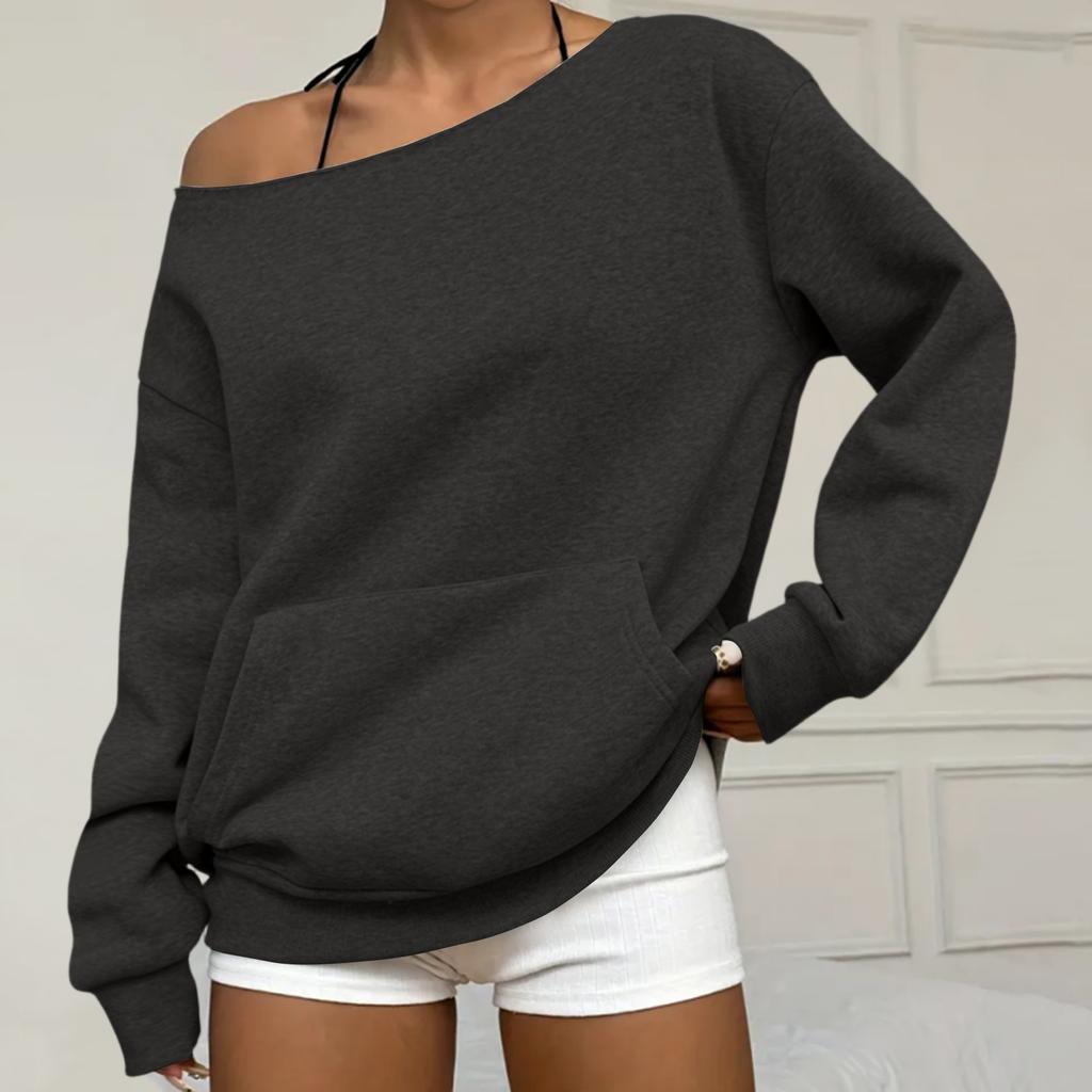 Women's Casual Fashion Solid Color Off-shoulder Long-sleeved Loose Sweatshirt With Pockets