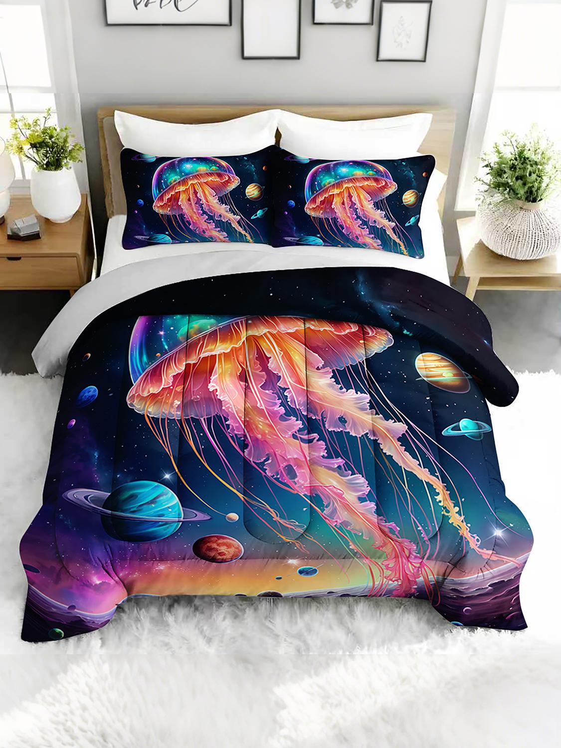 

3PC Jellyfish Galaxy Space Bedding Set with 2 Pillowcases - Comforter Duvet Cover for Bedroom Guest Room Decor Sea Life Theme Twin