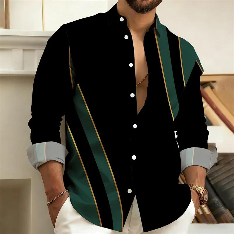 2026 Comfortable New Men's Long Sleeve Shirt Casual Fashion 3D Grid Printed Pattern Button Folding Classic Shirt Top