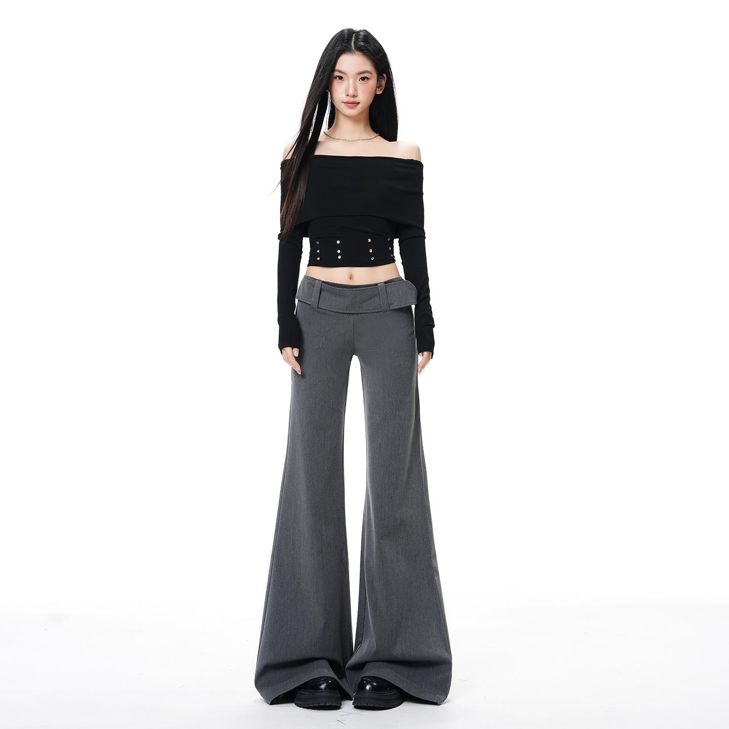 Women s Low-Waist Micro-Flared Wool Trousers – Spring Wide-Leg Bell-Bottoms with Belt XS