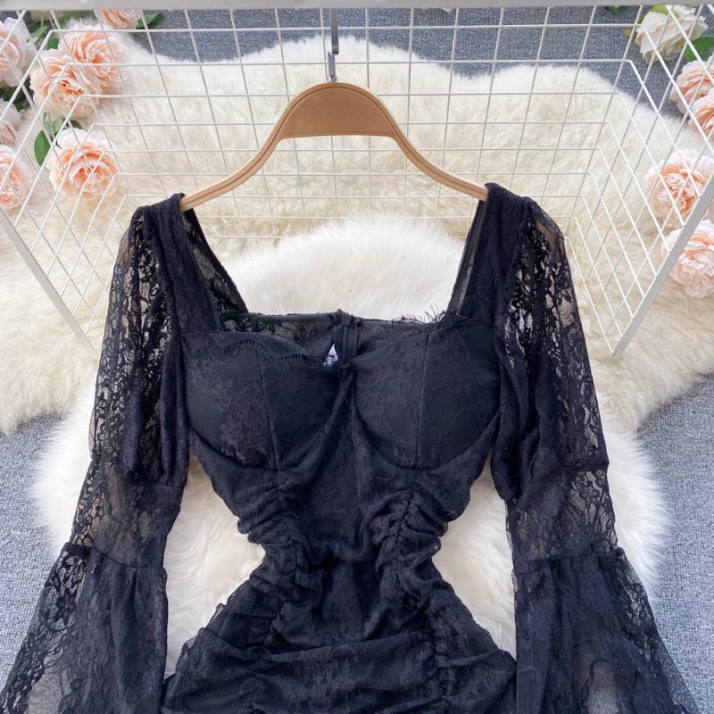 Frence seksowna koronkowa przezroczysta sukienka jednoczęściowa damska elegancka latarnia rękaw elegancka Mini sukienka Lady słodka impreza urodzinowa projektowanie mody odzież 2024