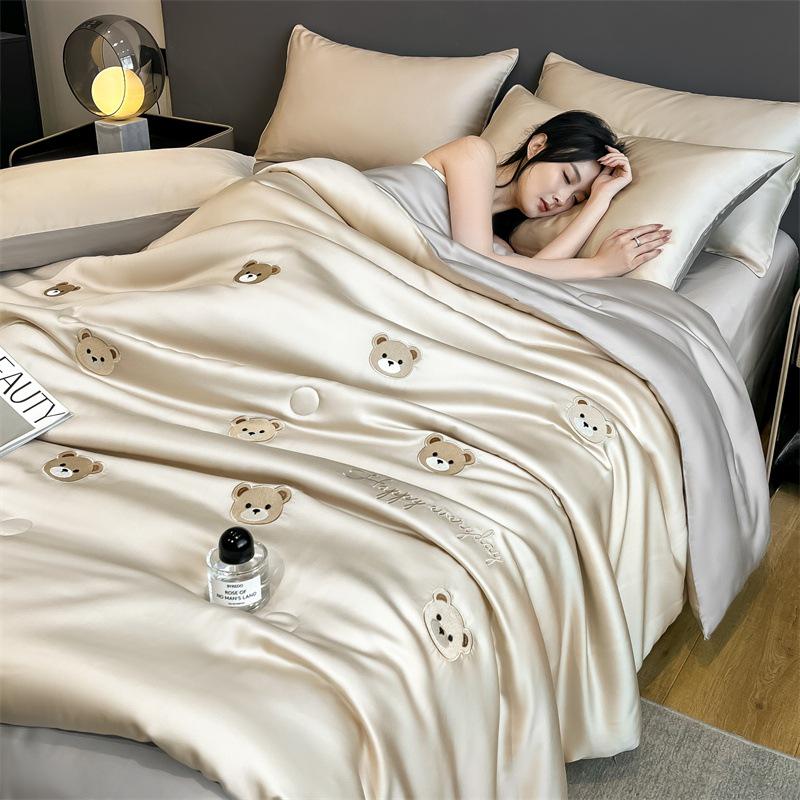 Summer Embroidery Silky Quilt Set – 4-Piece Bedding for Single/Double, Includes Bare Sleep & Air Conditioning Quilts