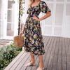 Women's Fashion Floral Square Collar High Waist Hollow Bubble Short-sleeved Back Pleated Printed Dress