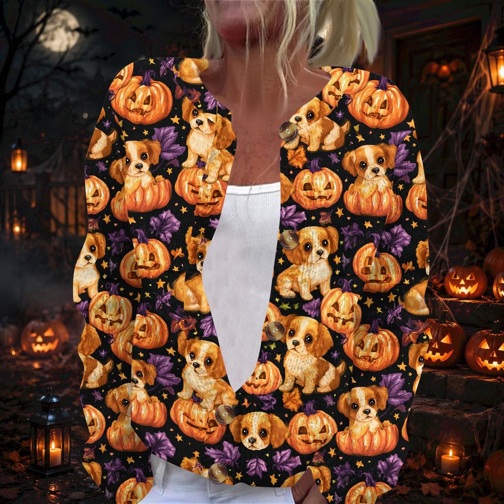Women's Halloween Print Long Sleeve Knit Cardigan Button Front Fall Casual Outerwear