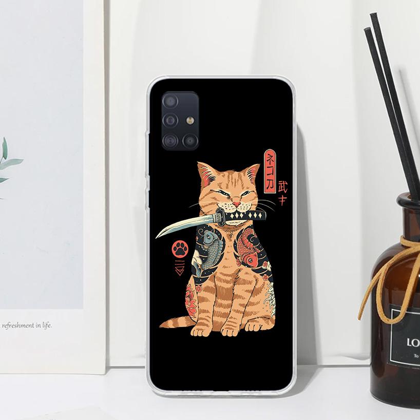 Ramen Sushi Samurai Tattoo Cat Phone Case For Samsung Galaxy A52 A42 A32 A22 A12 A02S A72 A51 A50S A41 A31 A21S A71 A40 A30S A20