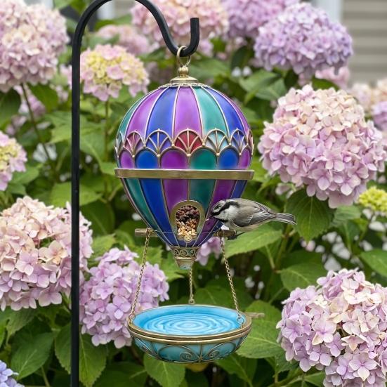 Outdoor Bird Water Station Stained Glass Hot Air Balloon Feeder Fountain, Hanging with Fountain Decorative Resin Tray, Vintage Bronze Garden Decor for