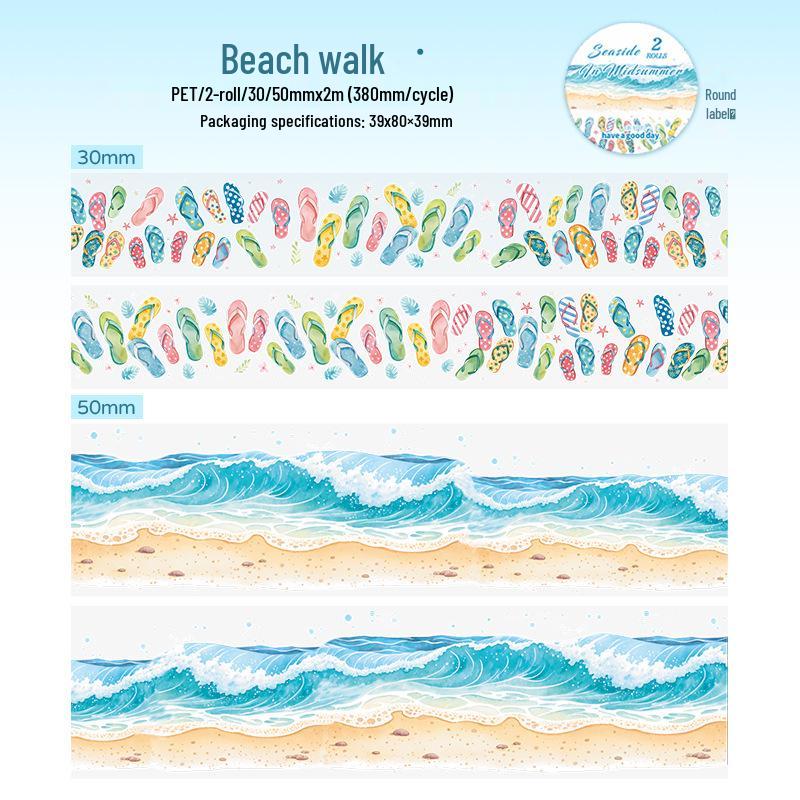 Midsummer Seaside Series PET Tape Set: 4 Styles, 2 Rolls of Seaside Scenery Stickers