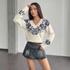 Women S V Neck Knit Sweater Vintage Floral Print Loose Drop Shoulder Long Sleeve Pullover