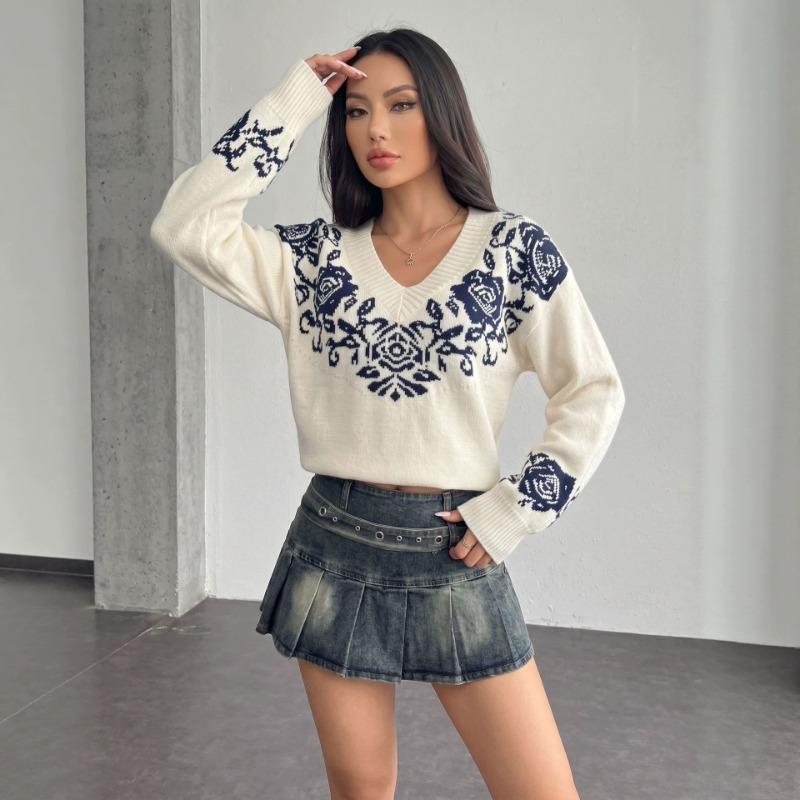 Women S V Neck Knit Sweater Vintage Floral Print Loose Drop Shoulder Long Sleeve Pullover
