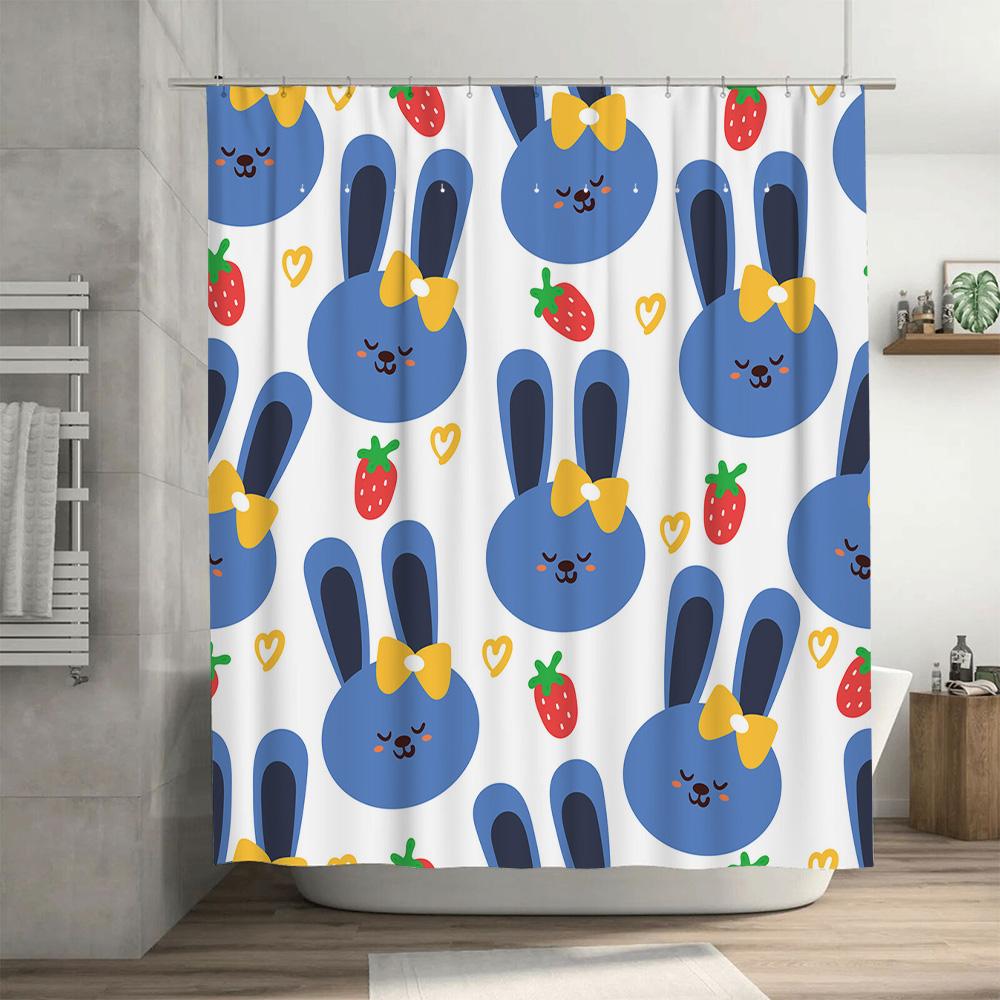 Entzückender blauer Hase Duschvorhang Badezimmer Dekoration Kinder Cartoon Design Wasserdichtes Gewebe Für Heim Badezimmer