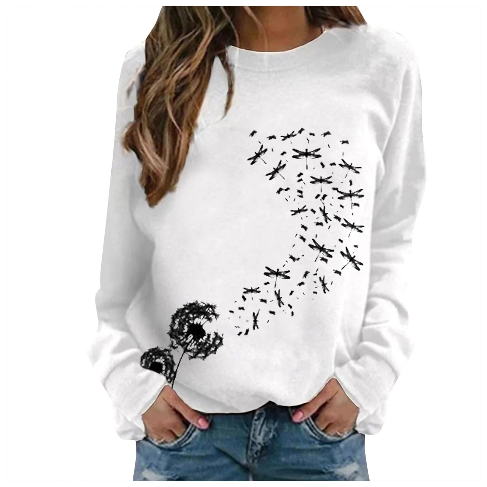 

Свитер с принтом, пуловер с круглым вырезом, повседневная женская футболка с длинными рукавами M белый