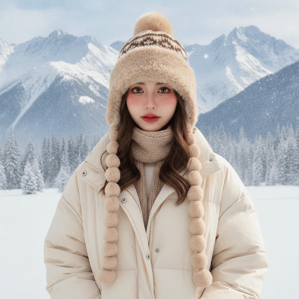 Fleece Lined Fleece Knit Beanie Fur Brim Earflap Winter Cap Pompom Braids Hat  Skiing