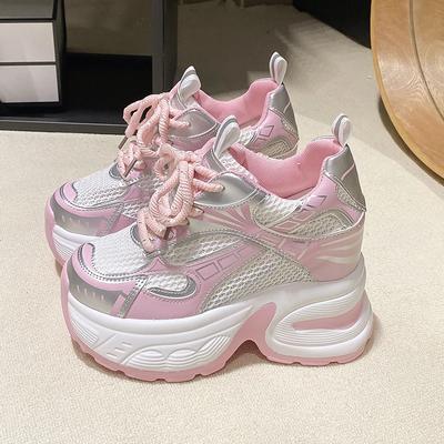 Tênis chunky femininos da moda primavera outono, malha respirável, casual, salto plataforma de 10,5 cm, calçados esportivos femininos para o verão