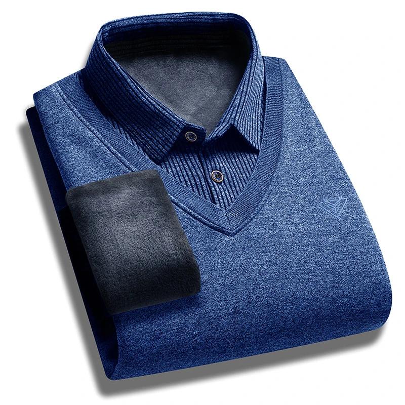 Høst- og vinter ny kolleksjon med fleece falsk todelt langermet poloskjorte for menn moteriktig og avslappet allsidig topp