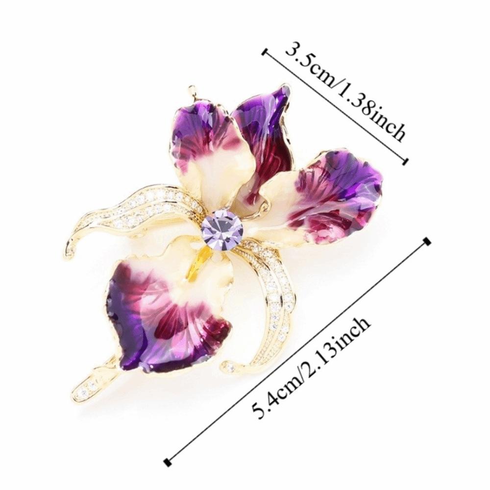 Rhinestone Enamel Lapel Pin Sparkling Plants Badge Vintage Iris Flower Brooch  Suit