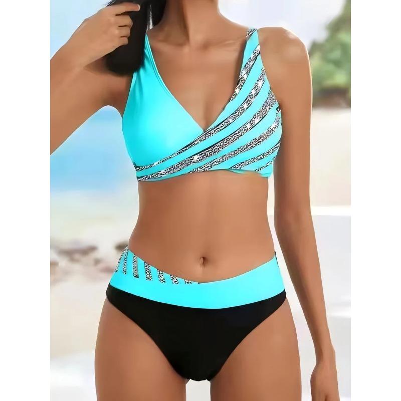 Bikini set s V výstřihem 2026 Dámský pruhovaný patchworkový plavecký úbor Letní plážové oblečení Plavky Ženské plavky Koupací plavky 3XL