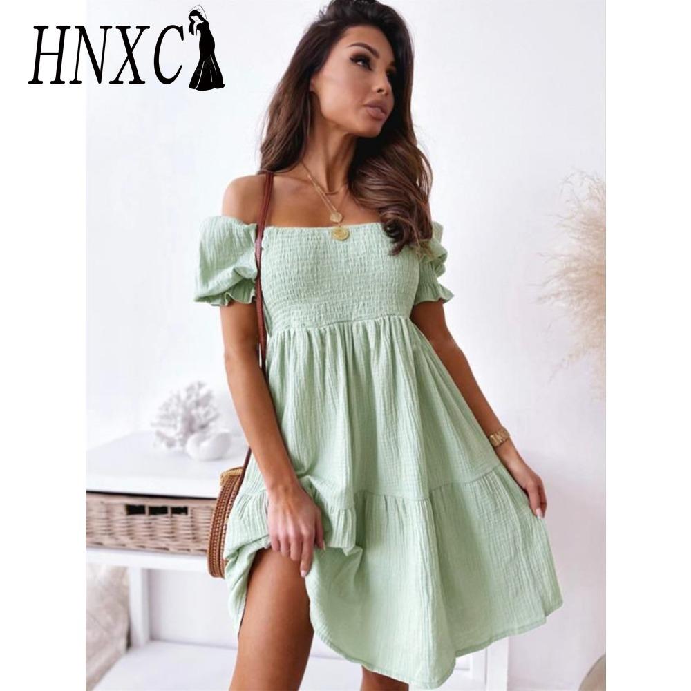 HNXC Sexy Slit Neck Dress Women Summer Pleated Puff Sleeve Open Back Party Beach Dresses Female Elegant Solid Knee Length Dress