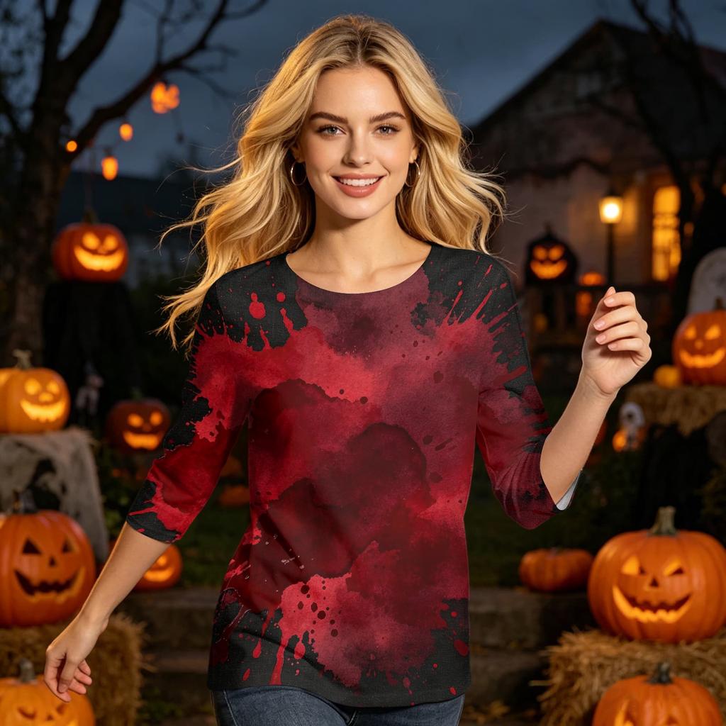 Halloween Shirt for Women 3/4 Sleeve Tunic Top Funny Splatter Pattern Casual Loose Holiday Graphic Blouse