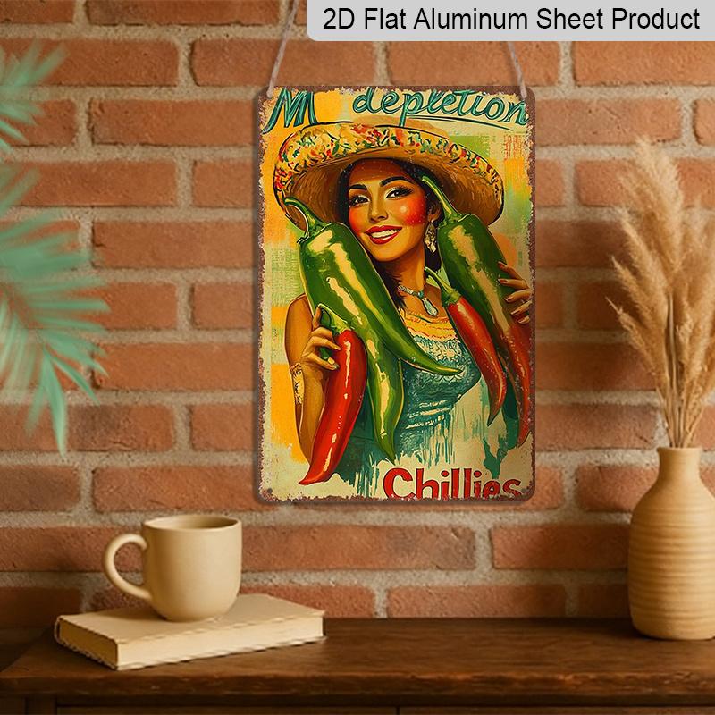 2D Flat, Victorian Era Mexican Woman & Chili Pepper Metal Sign - Vintage Wall Decor Poster Suitable for Home, Bar, Office - Durable Aluminum Retro