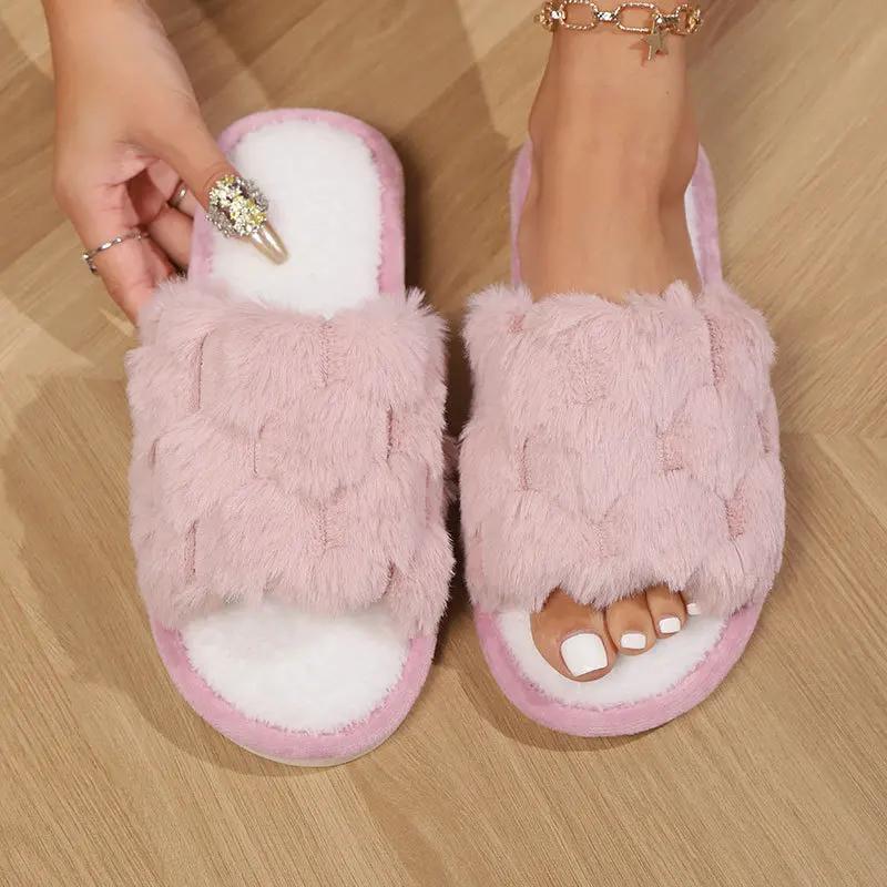 Fashion Faux Rabbit Fur House Slippers for Women Soft Sole Open Toe Home Cotton Shoes Woman Lightweight Warm Fluffy Indoor Slippers 2025