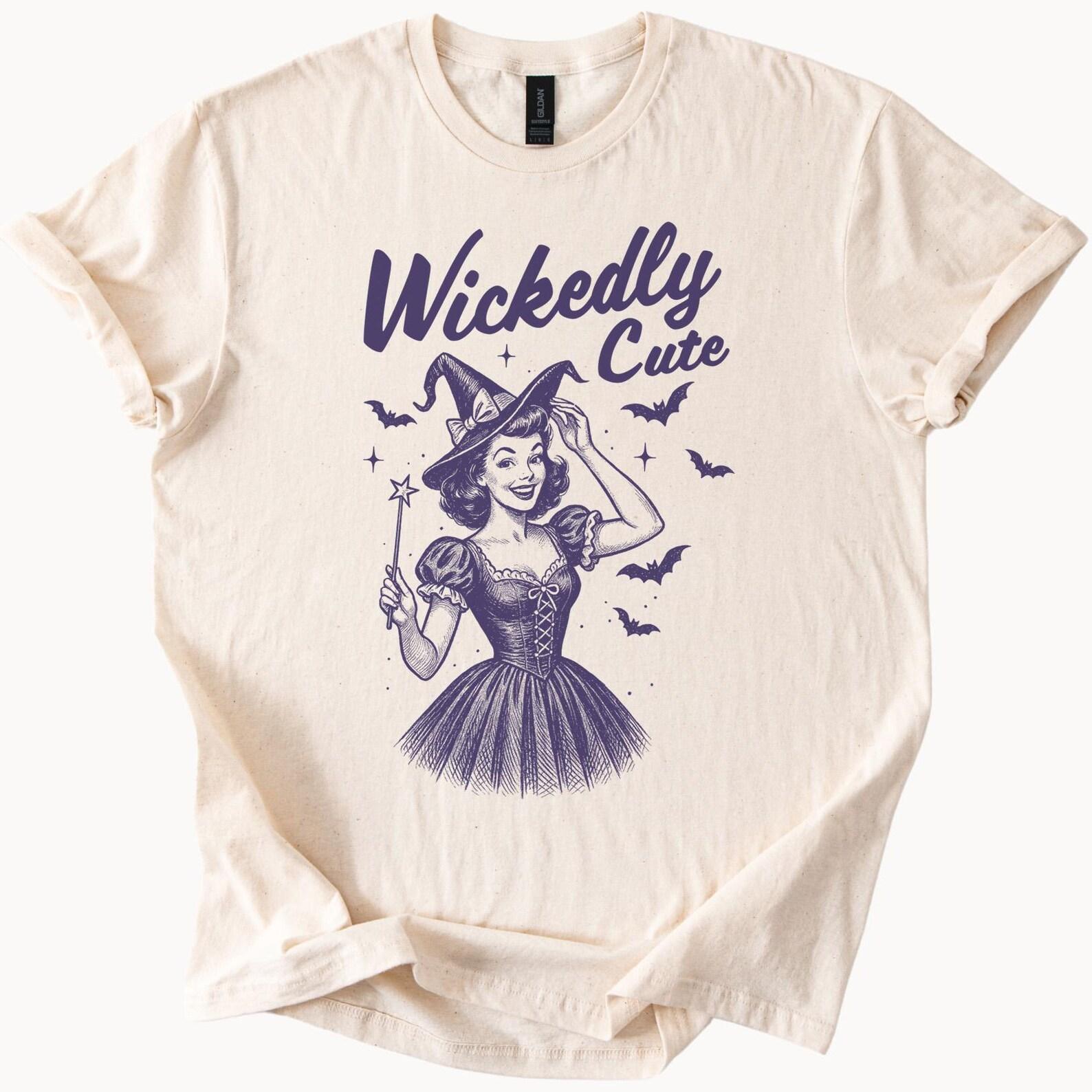 Wickedly Cute Witch Costume Graphic Tee Halloween Witchy Fairy Tale Shirt Magical Bats Moon Stars Spellcaster T Shirt 100