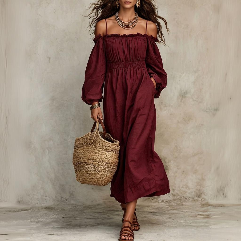 Women's Cotton Linen Off Shoulder Spaghetti Strap Ruffled Maxi Dress Loose Fit Vacation