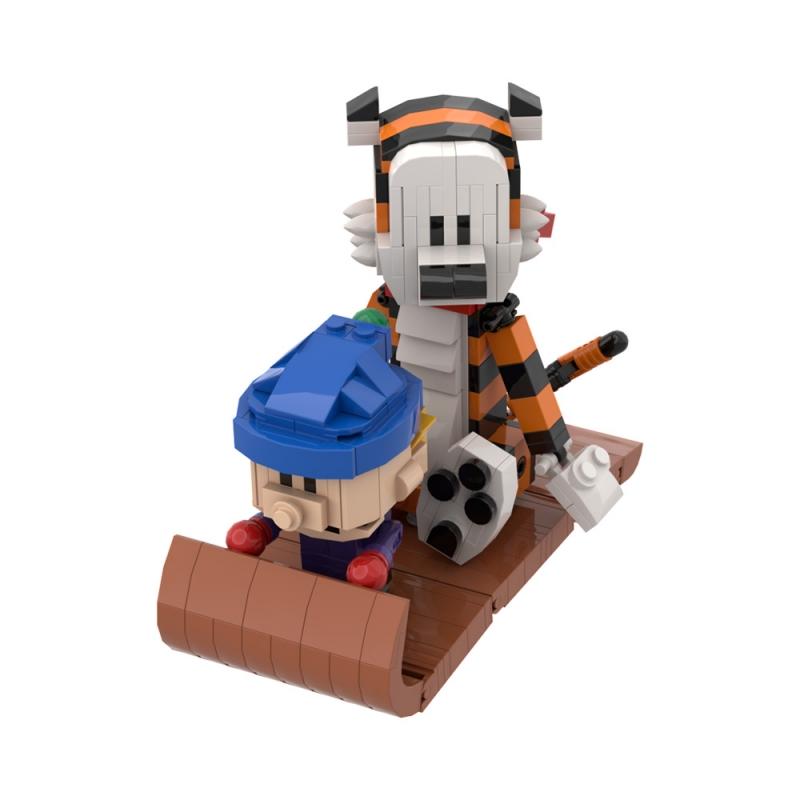 MOC Calvined and Hobbes Model Building Blocks Sleigh Tiger Cartoon Activity Figure Assembled Brick Toy Children's Birthday Gift