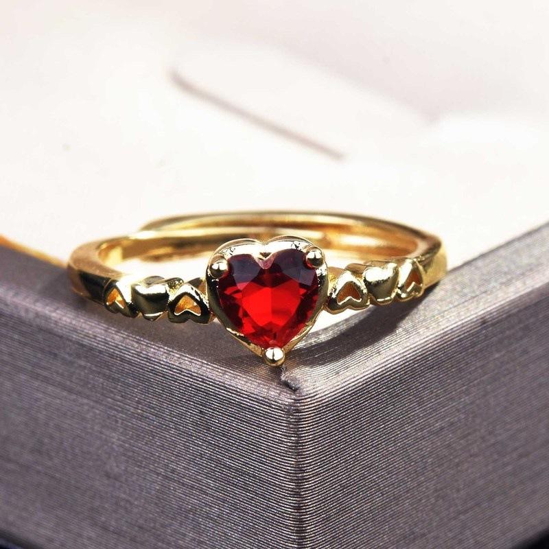 2025 New Hot Selling Women  Red Love Heart Ring Yellow Gold Plated Copper Ins Open Adjustable Rings