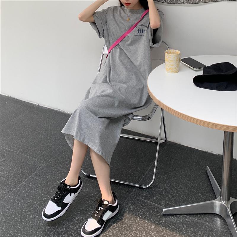 Women's Plus Size Summer T-shirt Dress: Loose Over-the-Knee Slit Skirt & Long Top Base Layer