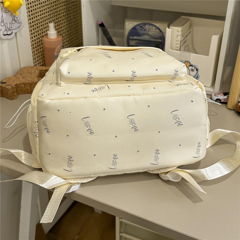 Cream Allover Love Print School Backpack with Front Pocket Side Drawstrings Casual Daypack for Girls