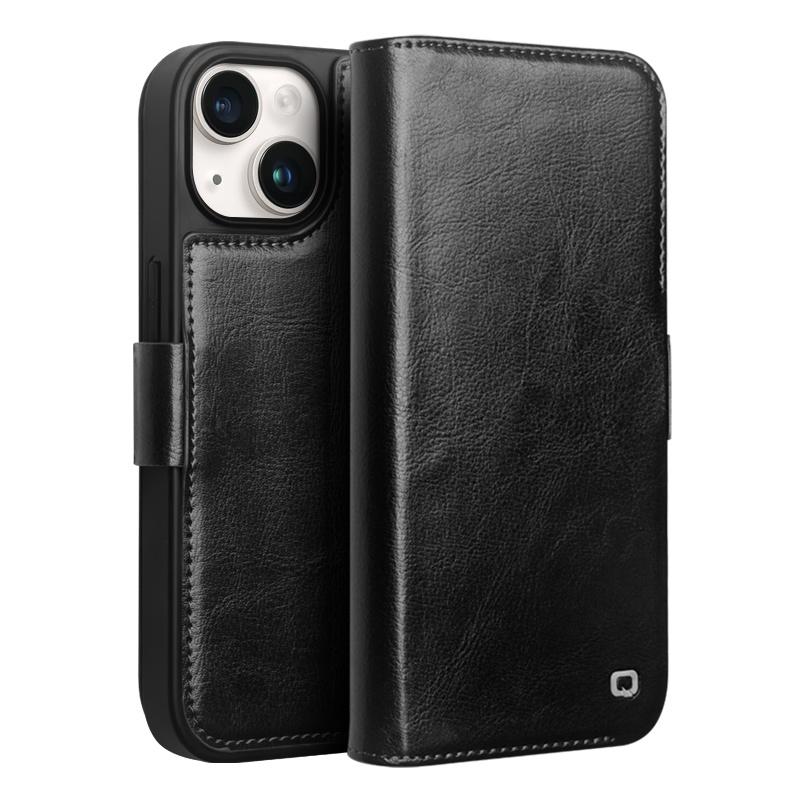 

QIALINO For iPhone 15 Genuine Cow Leather+TPU Anti-Drop Phone Case Stand Wallet Cover Black