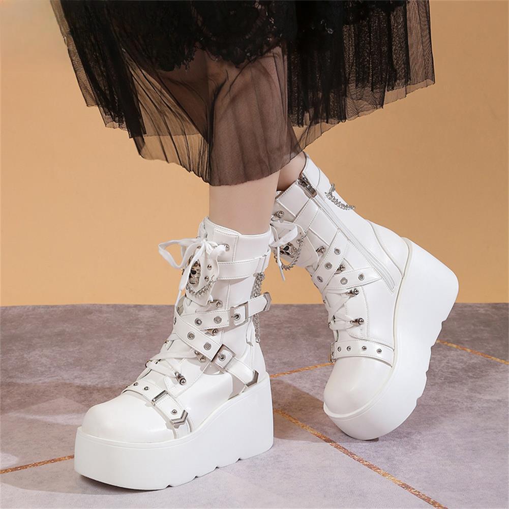 Size 42 Brand New Ladies Wedges High Heels Boots Fashion Metal Decor Buckle Punk Platform Women's Boots Party Goth Street Woman Shoes