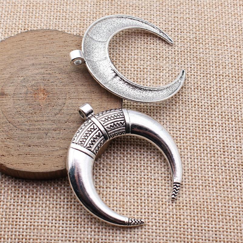 2Pcs 50X45Mm 2 Colors Silver Color Antique Bronze Color Crescent Moon Horn Charms Jewelry Making Accessories