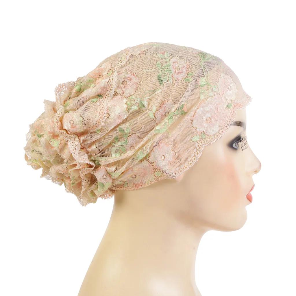 Lace Hijab Flower Headband Full Cover Bottom Hat Chemo Cap Muslim Fashion