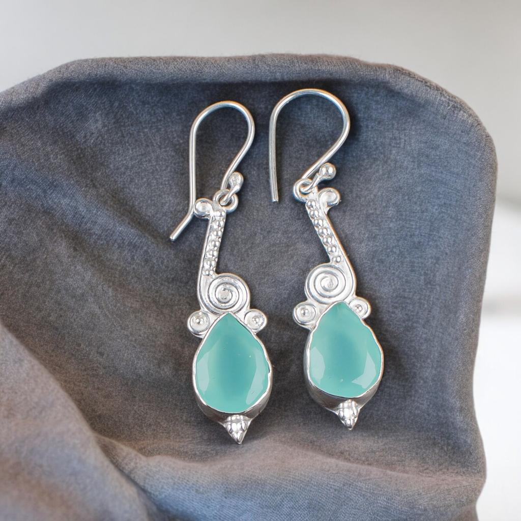 Natürlicher Aqua Chalcedon Edelstein 925 Sterling Silber Handgefertigter Schmuck Ohrringe EE-37-17