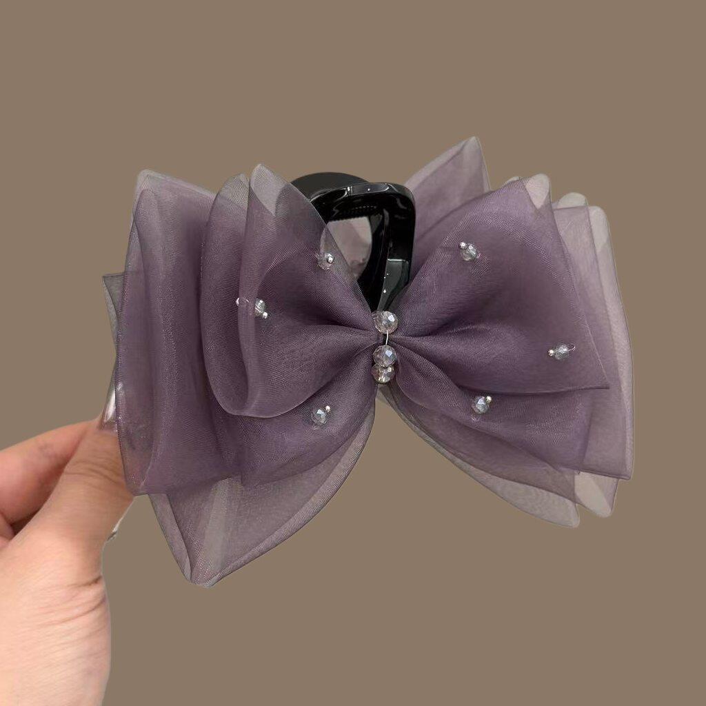 Elegant Large Purple Organza Bow Hair Clip with Rhinestones for Women