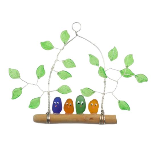 Colorful Bird Perch Seaglass Decoration Handmade Sea Glass Multicolor Bird on Branch Wall Art Sea Glass Artwork Wall Hanging Ornament